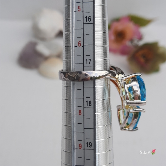 925 Ring 💙💙 2 Hearts Aqua Marine Blue Facetted Stones, Silver - Picture 6 of 7
